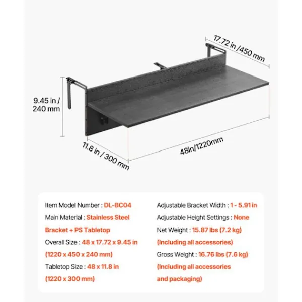 DUOKU Balkongmöbler>Upphängd Bord - - Modell DL-BC04 - Fällbar - Rostfritt Stål - 122 x 45 cm