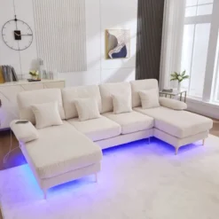 Soffor>U-soffa med LED-belysning & USB-C, massiv träram – 4 lyxiga kuddar, ergonomiskt ryggstöd, premiumkomfort,