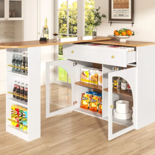 Köksö>Utdragbart barbord, 360° roterbart, 138-204x39x104cm, med förvaringsutrymme och glas, högt bord för köksö, vit