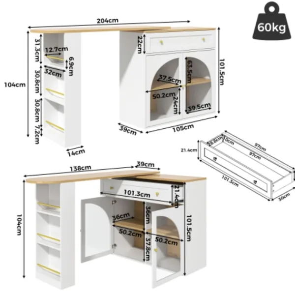 Köksö>Utdragbart barbord, 360° roterbart, 138-204x39x104cm, med förvaringsutrymme och glas, högt bord för köksö, vit
