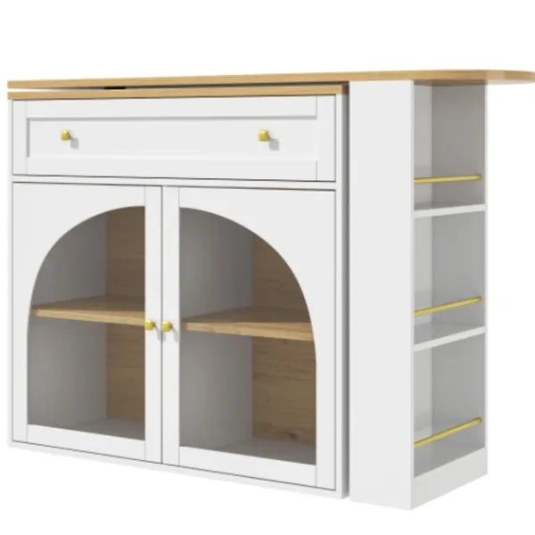Köksö>Utdragbart barbord, 360° roterbart, 138-204x39x104cm, med förvaringsutrymme och glas, högt bord för köksö, vit