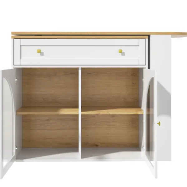 Köksö>Utdragbart barbord, 360° roterbart, 138-204x39x104cm, med förvaringsutrymme och glas, högt bord för köksö, vit