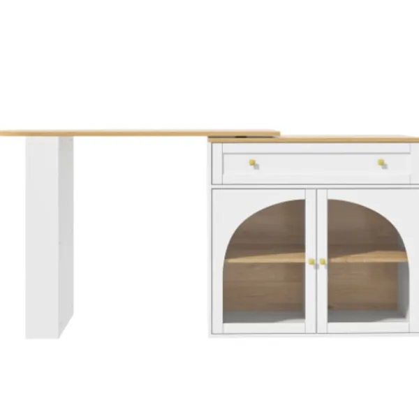 Köksö>Utdragbart barbord, 360° roterbart, 138-204x39x104cm, med förvaringsutrymme och glas, högt bord för köksö, vit