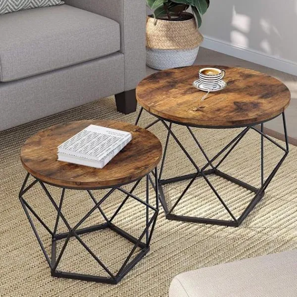Valora Småbord>Rustika Bruna Soffbord Set om 2 med Stålram | Loft-stil