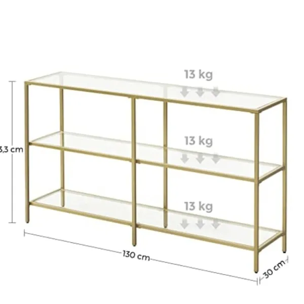 Pavil Småbord>VASAGLE konsolbord, soffbord med 3 hyllor, hylla i härdat glas, guldfärg