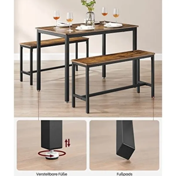 Pavil Matgrupper>Vasagle matbord med 2 bänkar, 3 stycken set, köksbord, rustik brun och svart
