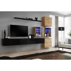 AC-DÉCO Tv-Bänkar>Väggenhet - Switch XIX - 4 montrar - 2 TV-bänkar - 1 hylla - Trä och svart - Modell 2