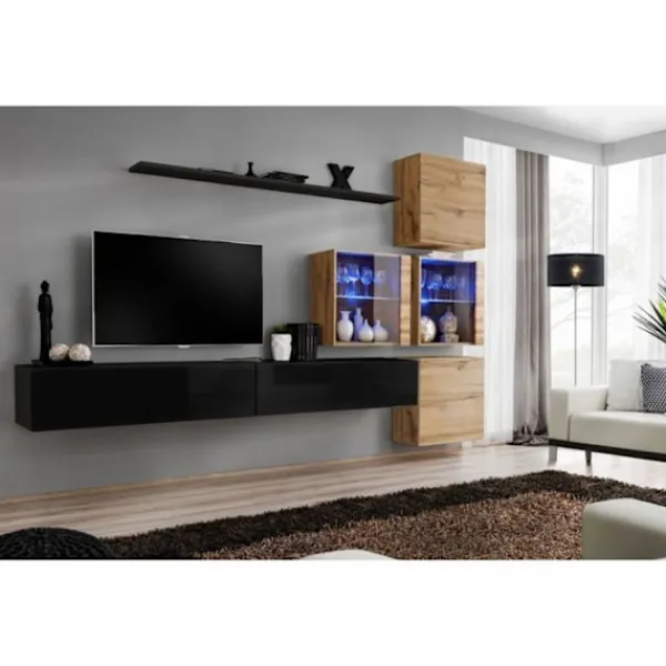 AC-DÉCO Tv-Bänkar>Väggenhet - Switch XIX - 4 montrar - 2 TV-bänkar - 1 hylla - Trä och svart - Modell 2