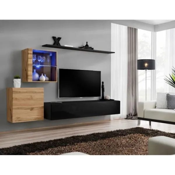 AC-DÉCO Tv-Bänkar>Väggenhet - Switch XV - 2 montrar - 1 TV-bänk - 2 hyllor - Trä och svart - Modell 1