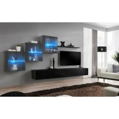 AC-DÉCO Tv-Bänkar>Väggenhet - Switch XX - 3 montrar - 2 TV-bänkar - 1 hylla - Svart och grafit - Modell 1