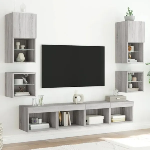 vidaXL Tv-Bänkar>Väggmonterad tv-bänk LED 2 st grå sonoma 30x28,5x30 cm