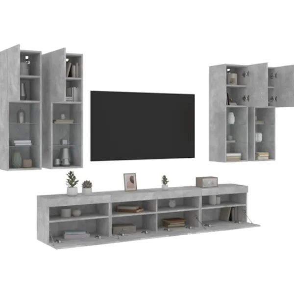 vidaXL Tv-Bänkar>Väggmonterade tv-skåp 7 delar med LEDs betonggrå