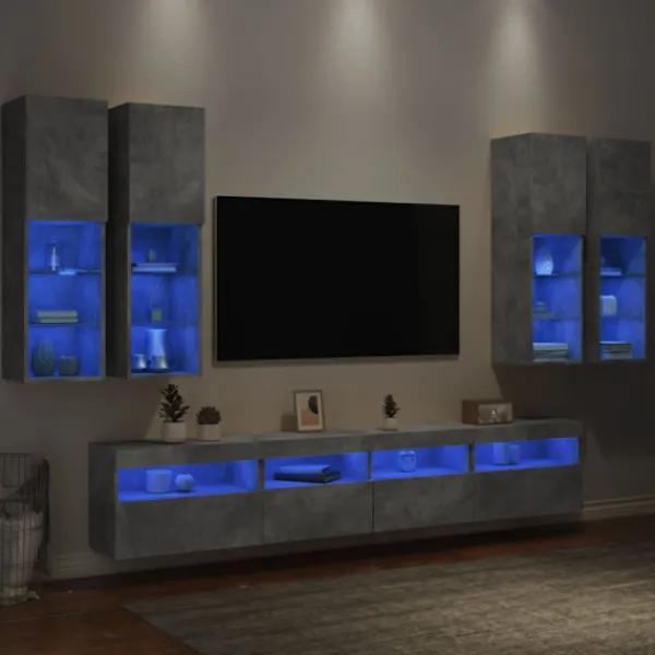 vidaXL Tv-Bänkar>Väggmonterade tv-skåp 7 delar med LEDs betonggrå