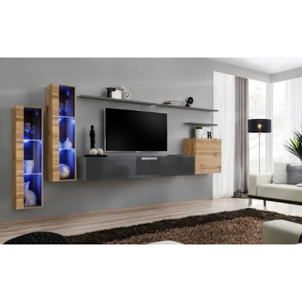 AC-DÉCO Tv-Bänkar>Väggmonterat kit - Switch XI - 2 LED-vitriner - 1 TV-bänk - 1 fyrkantig vitrinskåp - 3 hyllor - Trä och grafit - Modell 1