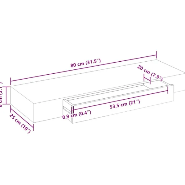 vidaXL Hyllor>Flytande vägghylla med låda MDF 80x25x8cm