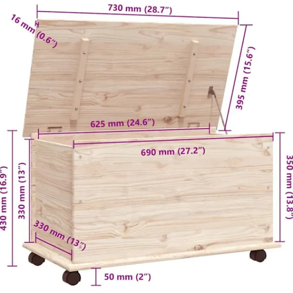 vidaXL Kistor & Koffertar>Förvaringskista på hjul ALTA 73x39,5x43 cm massiv furu