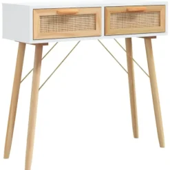 vidaXL Sminkbord>Konsolbord 80x30x75 cm massiv furu och naturlig rotting
