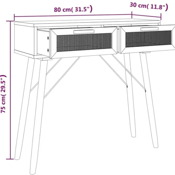 vidaXL Sminkbord>Konsolbord 80x30x75 cm massiv furu och naturlig rotting