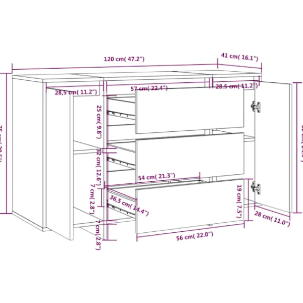 vidaXL Sideboards>Skänk med 3 lådor högglans 120x41x75 cm konstruerat trä