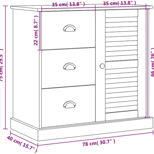 vidaXL Sideboards>Skänk med lådor VIGO 78x40x75 cm massiv furu