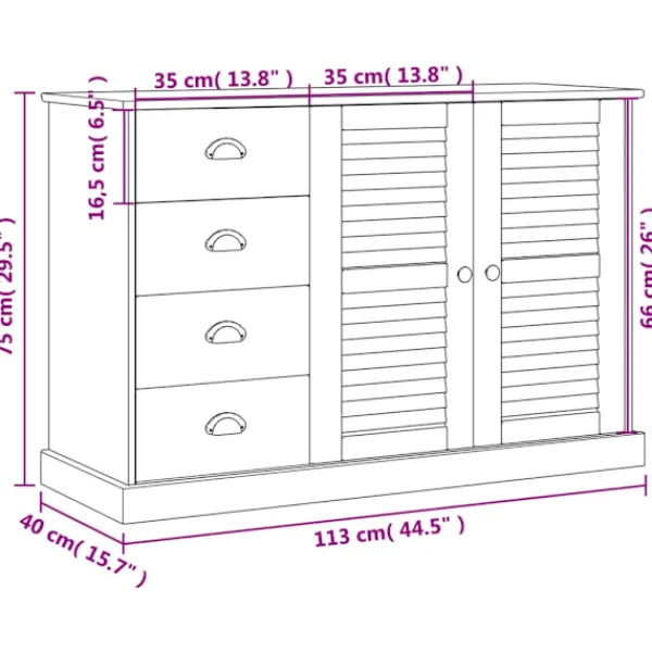 vidaXL Sideboards>Skänk med lådor VIGO 113x40x75 cm massiv furu