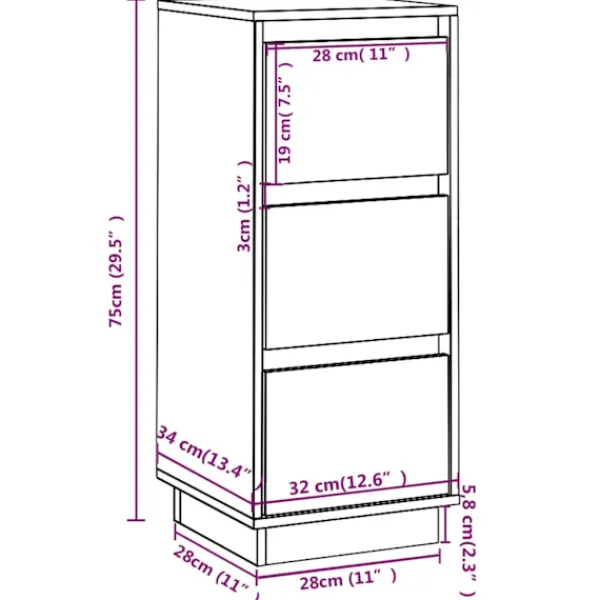 vidaXL Byråer>Skänk 32x34x75 cm massiv furu