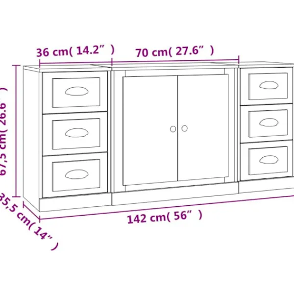vidaXL Sideboards>Skänkar 3 st ek konstruerat trä