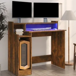 vidaXL Kontorsmöbler>Skrivbord med LED rökfärgad ek 97x45x90 cm konstruerat trä