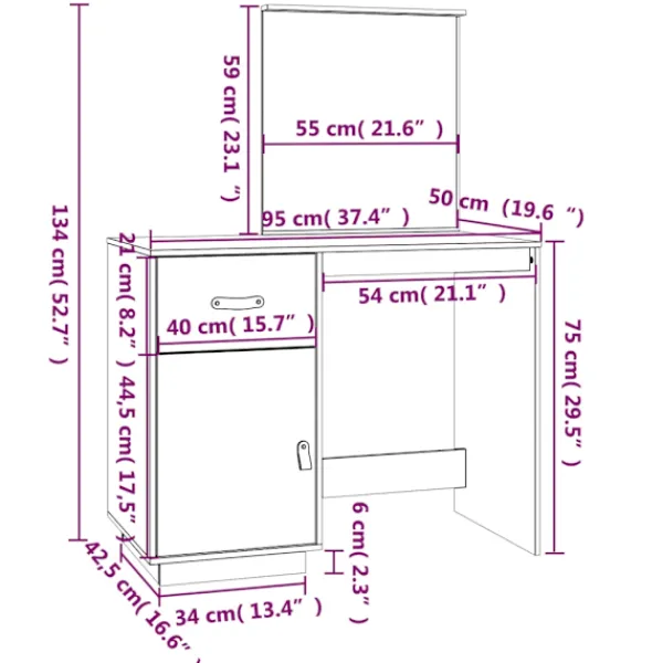 vidaXL Sminkbord>Sminkbord 95x50x134 cm massiv furu