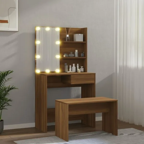 vidaXL Sminkbord>Sminkbord LED ek konstruerat trä