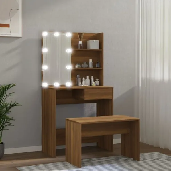 vidaXL Sminkbord>Sminkbord LED ek konstruerat trä