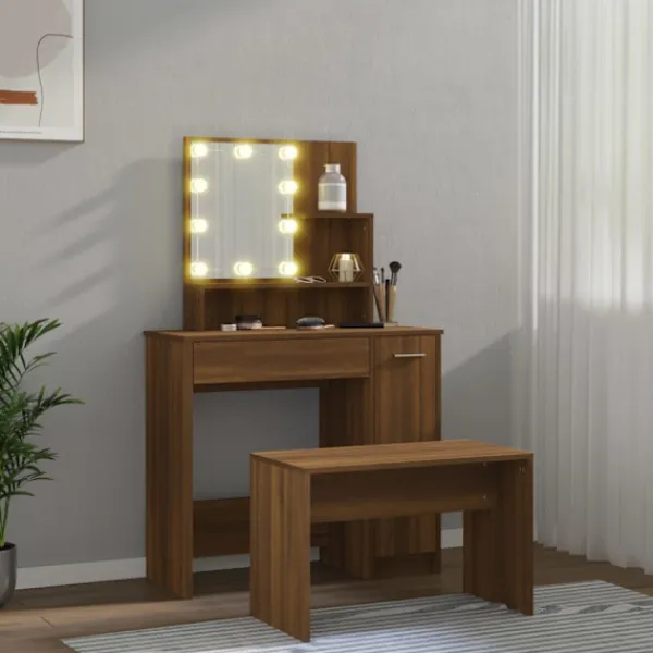 vidaXL Sminkbord>Sminkbord LED ek konstruerat trä