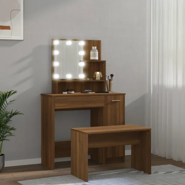 vidaXL Sminkbord>Sminkbord LED ek konstruerat trä