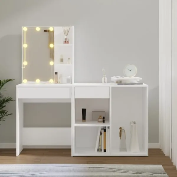 vidaXL Sminkbord>Sminkbord LED med skåp konstruerat trä