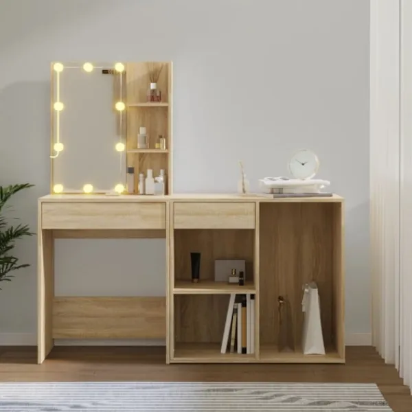 vidaXL Sminkbord>Sminkbord LED med skåp sonoma-ek konstruerat trä