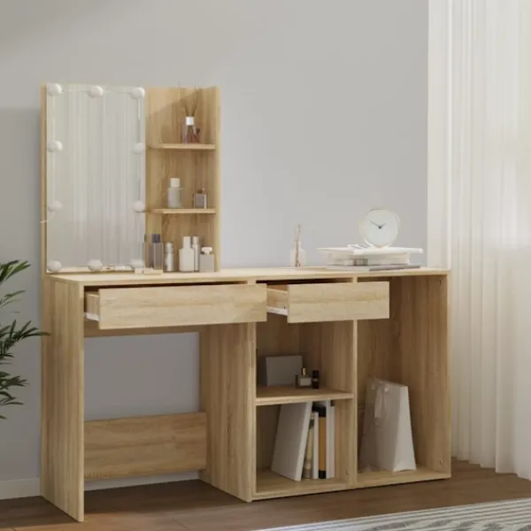vidaXL Sminkbord>Sminkbord LED med skåp sonoma-ek konstruerat trä
