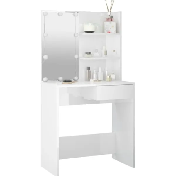 vidaXL Sminkbord>Sminkbord med LED högglans 74,5x40x141 cm