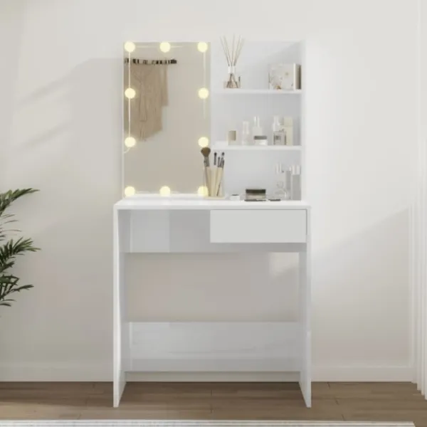 vidaXL Sminkbord>Sminkbord med LED högglans 74,5x40x141 cm