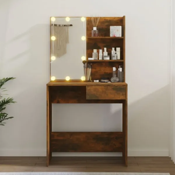 vidaXL Sminkbord>Sminkbord med LED rökfärgad ek 74,5x40x141 cm
