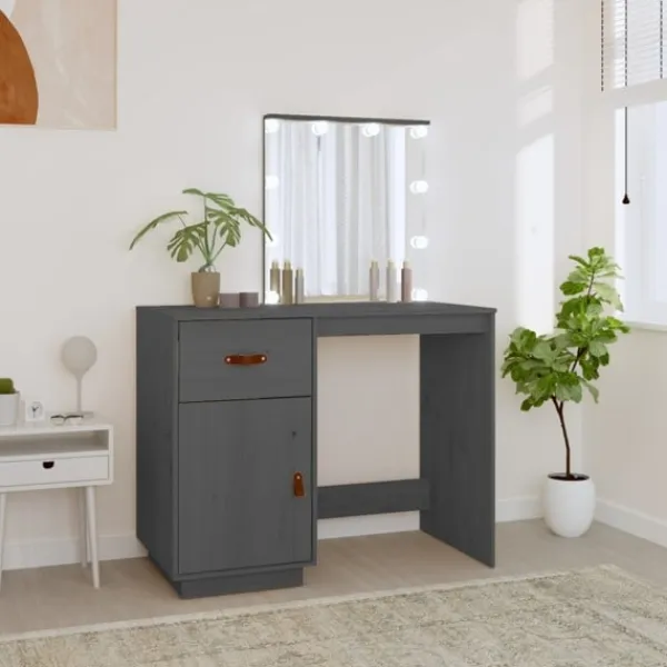 vidaXL Sminkbord>Sminkbord med LED 95x50x133,5 cm massiv furu