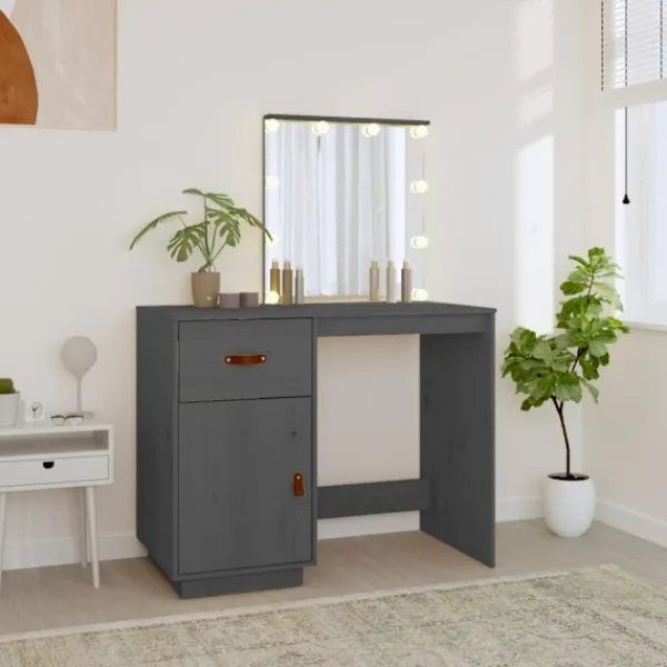 vidaXL Sminkbord>Sminkbord med LED 95x50x133,5 cm massiv furu