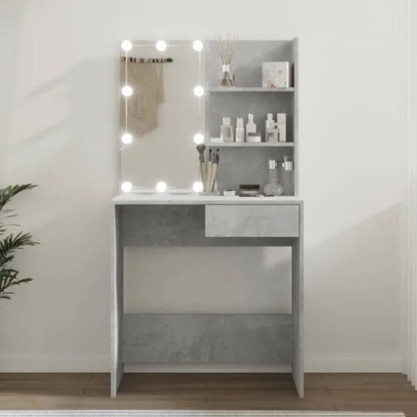 vidaXL Sminkbord>Sminkbord med LED betong 74,5x40x141 cm