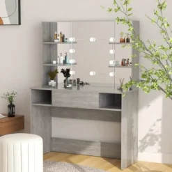 vidaXL Sminkbord>Sminkbord med LED-belysning 100x40x135 cm MDF betong