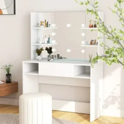 vidaXL Sminkbord>Sminkbord med LED-belysning 100x40x135 cm MDF