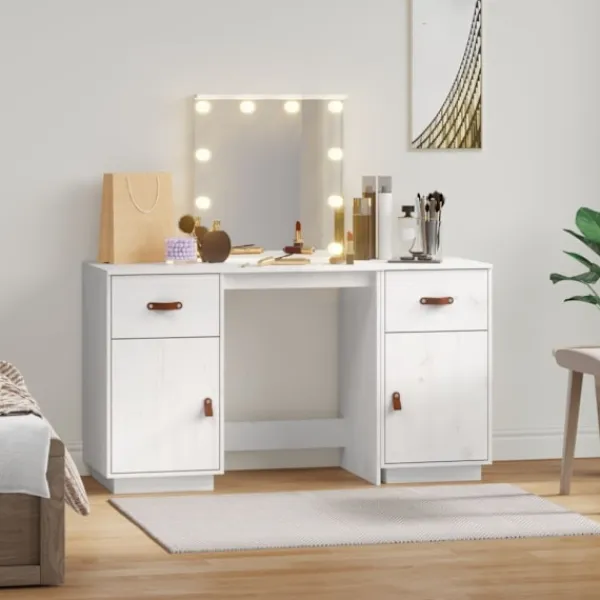 vidaXL Sminkbord>Sminkbord med spegel LED massiv furu