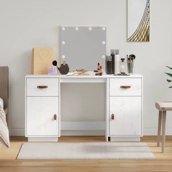 vidaXL Sminkbord>Sminkbord med spegel LED massiv furu
