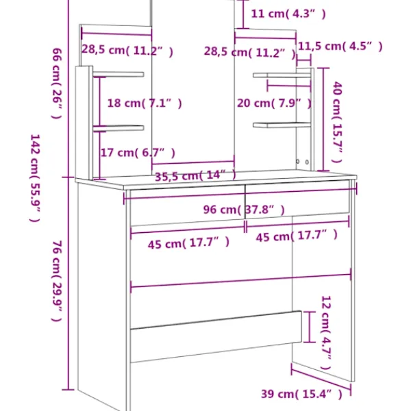 vidaXL Sminkbord>Sminkbord med spegel betong 96x39x142 cm