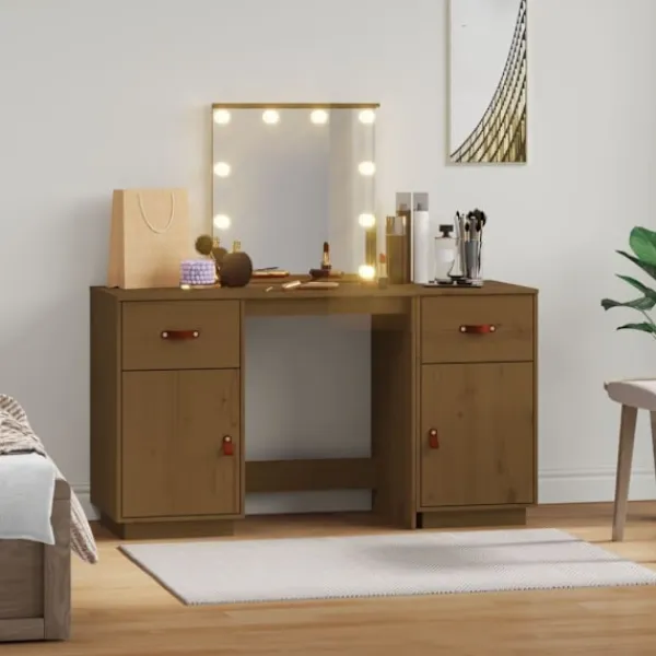 vidaXL Sminkbord>Sminkbord med spegel LED honungs massiv furu