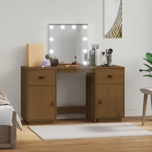 vidaXL Sminkbord>Sminkbord med spegel LED honungs massiv furu