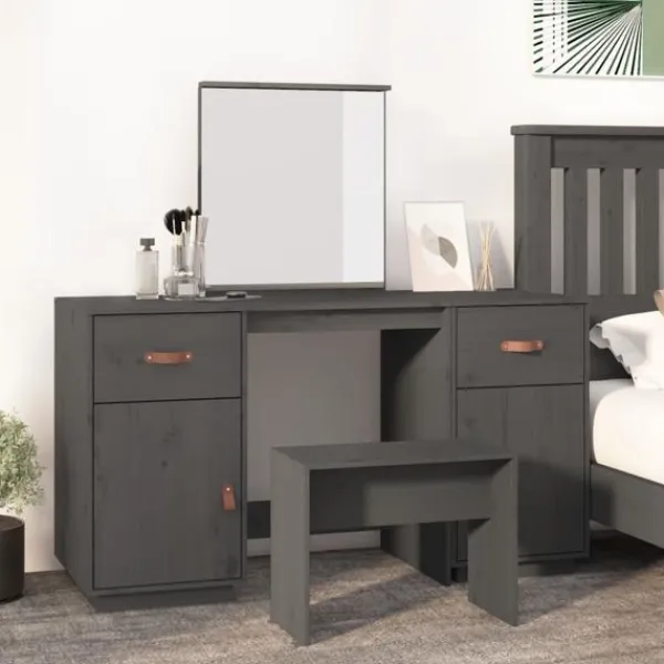 vidaXL Sminkbord>Sminkbord med spegel massiv furu